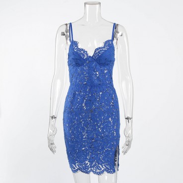 Summer new women's sexy hollow lace hook flower sling split sexy dress