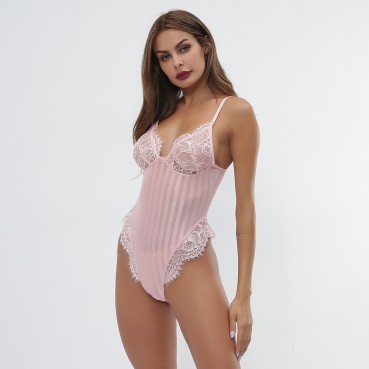 Women's new sexy lace stitching striped perspective jumpsuit