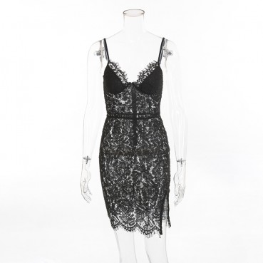 Summer new women's sexy hollow lace hook flower sling split sexy dress