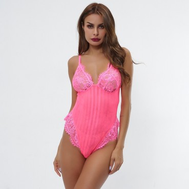 Women's new sexy lace stitching striped perspective jumpsuit
