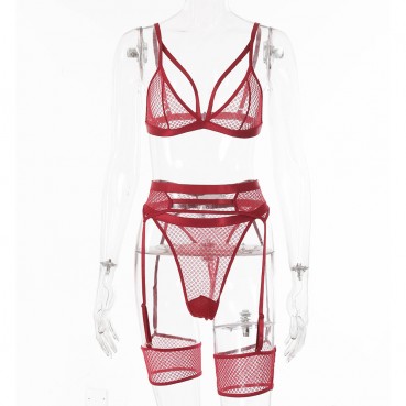 European and American hot-selling women's comfortable and soft lace perspective female sexy three-piece suit