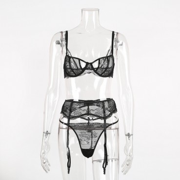 European and American women's sexy lingerie lace sling set three-piece suit
