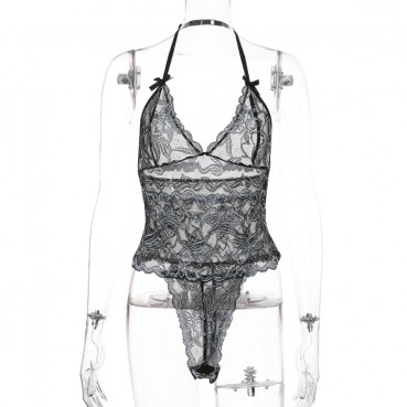 Black nightclub women's two-tone lace stitching perspective European and American sexy one-piece