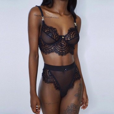 Hot selling sexy women's lace lace eyelashes love mesh panties set