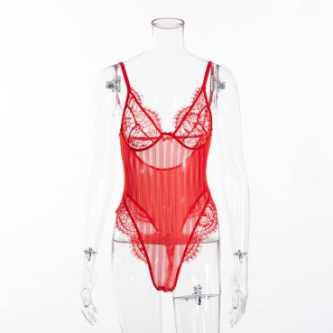 Women's new sexy lace stitching striped perspective jumpsuit