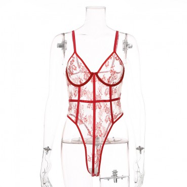 European and American women's sexy lace mesh stitching embroidery flowers sexy body shaping bodysuit