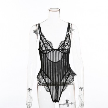 Women's new sexy lace stitching striped perspective jumpsuit