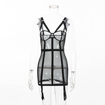 Women's European and American sexy locomotive sexy stitching strap dress perspective suspender skirt