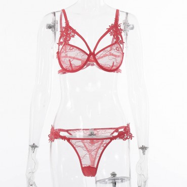 Explosive European and American hot-selling women's see-through lace sexy water-soluble flower underwear set