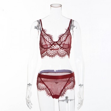 Hot selling sexy women's lace lace eyelashes love mesh panties set