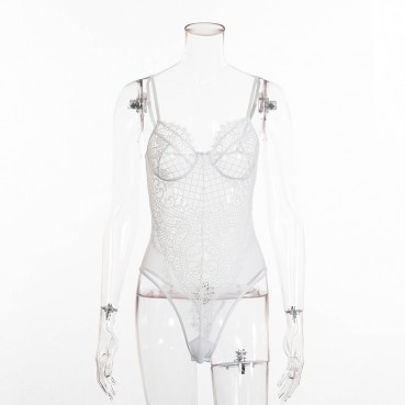 Sexy women's lace mesh stitching solid color sling sexy one-piece