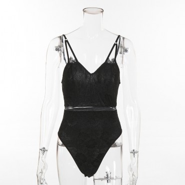 Women's lace triangle shoulder strap perspective line sexy bottoming bodysuit