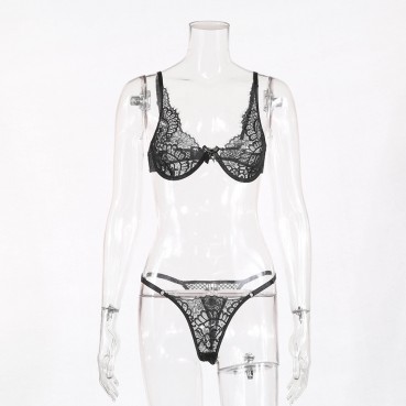 European and American women's lace eyelash three-point sexy lingerie set 11364