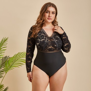 European and American women's plus size sexy lace sexy long-sleeved one-piece underwear