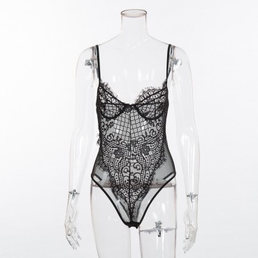Sexy women's lace mesh stitching solid color sling sexy one-piece