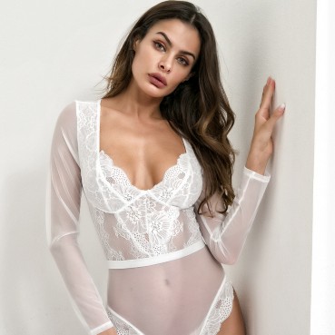 Autumn hot style long-sleeved women's lace complex stitching mesh sexy one-piece women