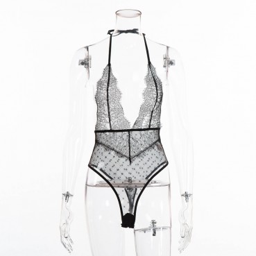 Women's lace polka dot stitching deep V-neck tie halter sexy one-piece
