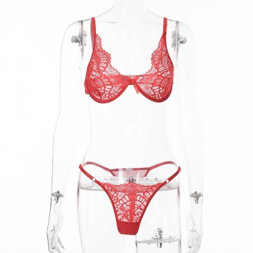 European and American women's lace eyelash three-point sexy lingerie set 11364