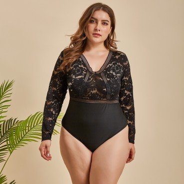 European and American women's plus size sexy lace sexy long-sleeved one-piece underwear