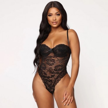 Autumn new women's sexy hollow lace chain link flowers with steel ring sexy one-piece 11018