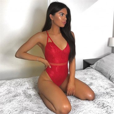 Women's lace triangle shoulder strap perspective line sexy bottoming bodysuit