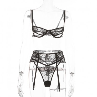 Hot-selling women's new sexy lace hollow sexy lingerie three-piece suit