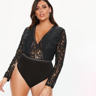 European and American women's plus size sexy lace sexy long-sleeved one-piece underwear