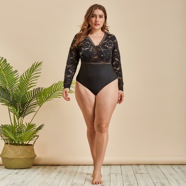 European and American women's plus size sexy lace sexy long-sleeved one-piece underwear