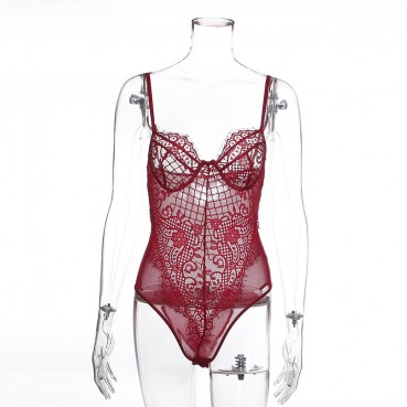 Sexy women's lace mesh stitching solid color sling sexy one-piece