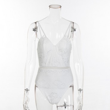 Women's lace triangle shoulder strap perspective line sexy bottoming bodysuit