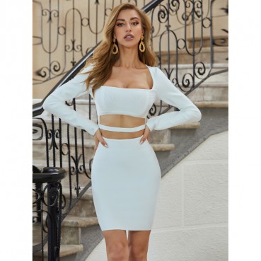 2021 autumn and winter women's sexy cut air quality slim-fit square neck long-sleeved bandage bag hip dress