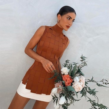 European and American ladies skirt suit women winter stitching plaid sleeveless stretch slim dress tight two-piece women