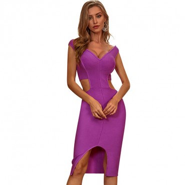 European and American women's spring and summer women's mid-length hollow bandage tight-fitting party evening knitted split dress