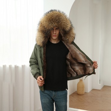 Winter New European and American Men's Fur Parker Cotton Jacket Large Fur Collar Thicken Windproof Large Size Fat Jacket Men