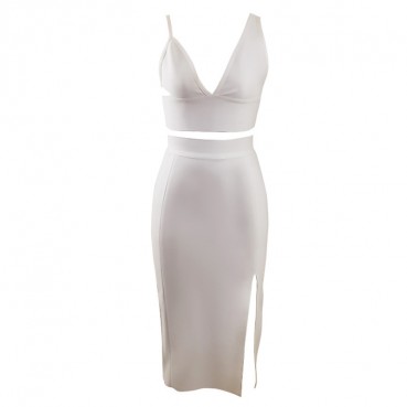 2021 new fashion sexy skirt suit summer Europe and America temperament split deep V sling women's bandage two-piece suit