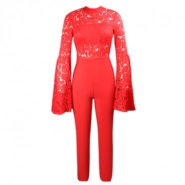 Bandage pants suit women's long-sleeved flared sleeve lace see-through jumpsuit jumpsuit