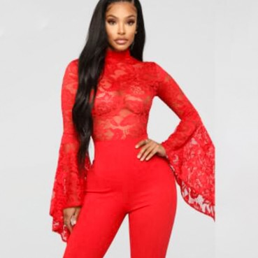 Bandage pants suit women's long-sleeved flared sleeve lace see-through jumpsuit jumpsuit