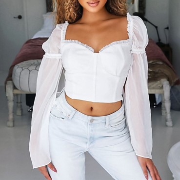 Europe and America Spring 2021 New Mesh Bar Party Bandage Banquet Long Sleeve Top
