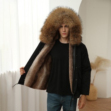 Winter New European and American Men's Fur Parker Cotton Jacket Large Fur Collar Thicken Windproof Large Size Fat Jacket Men
