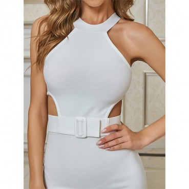 European and American women's clothing early autumn new high-neck solid color dress with belt waistband bandage evening dress