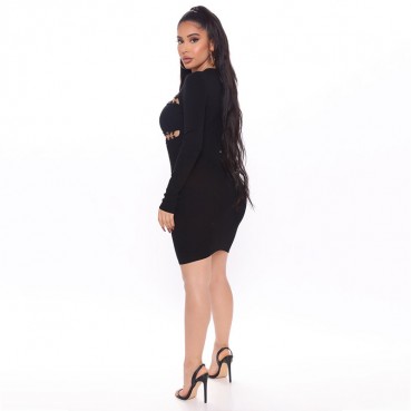 European and American women's 2021 new spring hollow dress long sleeve bandage dress short skirt