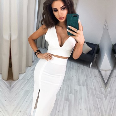 2021 new fashion sexy skirt suit summer Europe and America temperament split deep V sling women's bandage two-piece suit