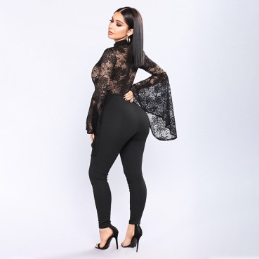 Bandage pants suit women's long-sleeved flared sleeve lace see-through jumpsuit jumpsuit