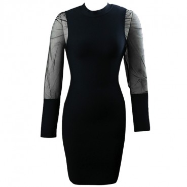 Autumn and winter new fashion long-sleeved dress half-high neck slim knit dress European and American autumn bandage dress
