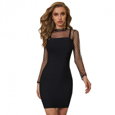 Bandage women's dress, early autumn one step dress, long-sleeved dress, net yarn little black dress