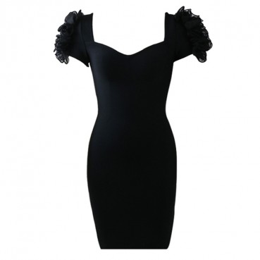 European and American women's bandage dress black slim evening party petal dress