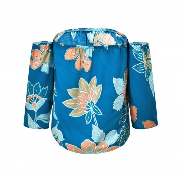 New style tube top, one word collar, trumpet, three-quarter sleeves, off-the-shoulder casual printed top women