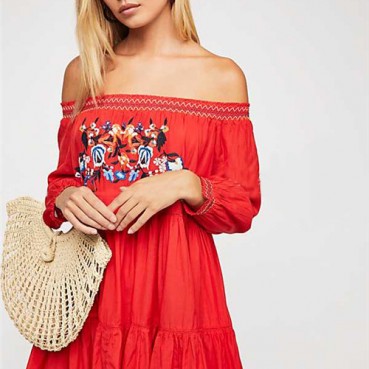 European and American new FREPEO bohemian flower embroidery one-shoulder shirt skirt female summer