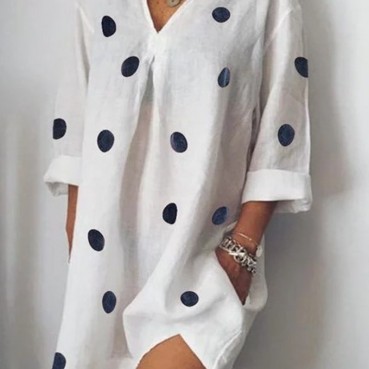 Spring and summer linen loose V-neck print nine-quarter sleeves slit dress