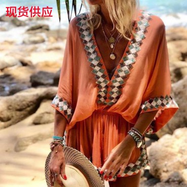 Women's 2021 summer new style printed bat shirt mini dress